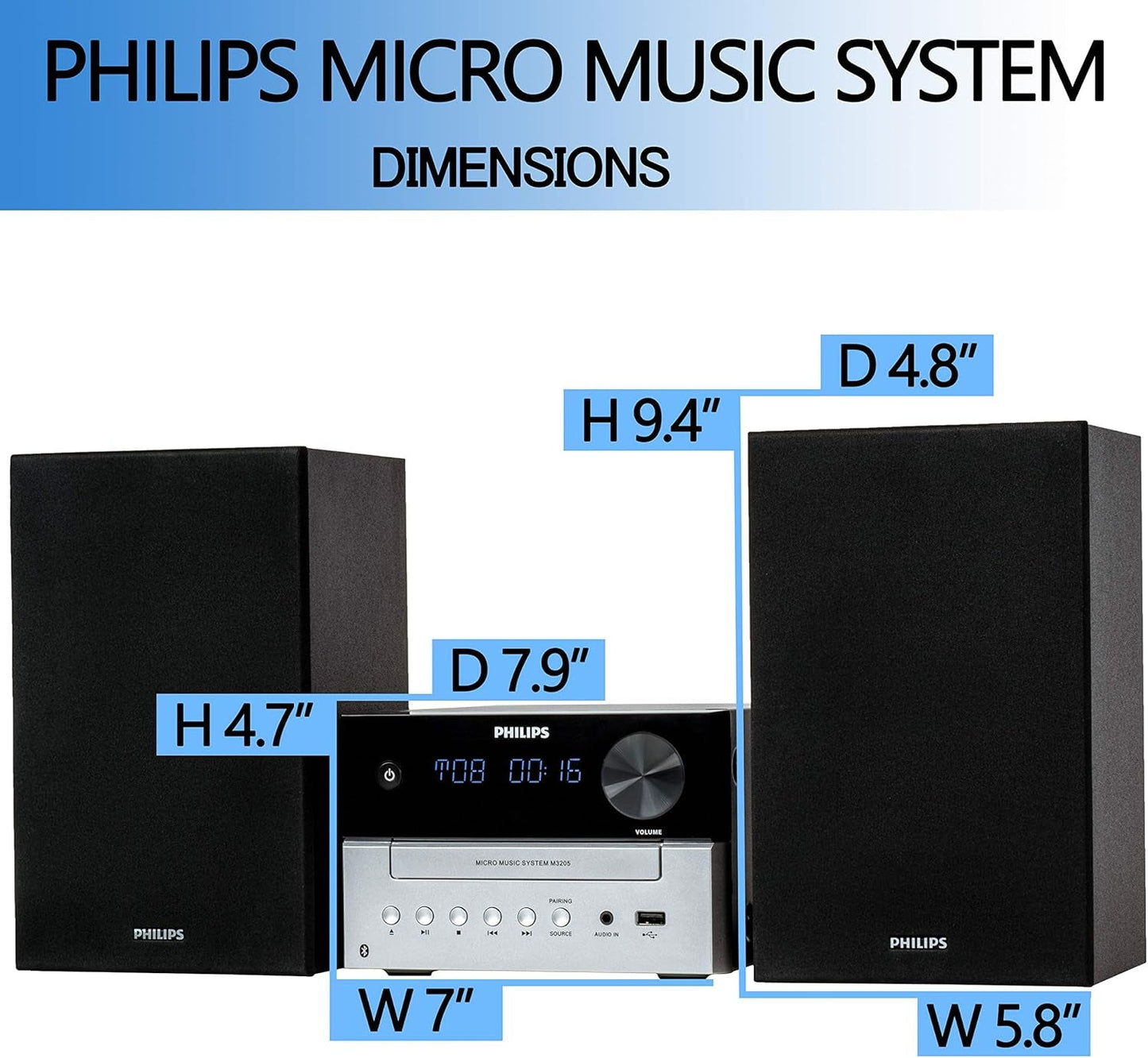 Bluetooth Stereo System for Home with CD Player for Home, Wireless Streaming, MP3, USB, Audio In, FM Radio, 15W, Micro Music Sound System