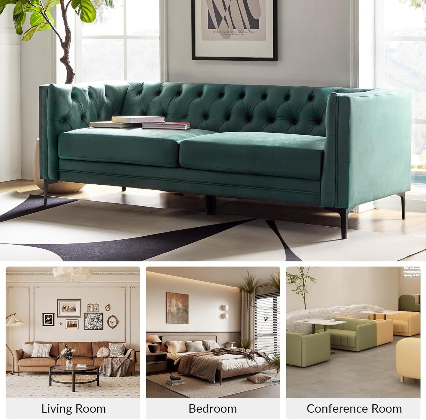 84" W Faux Leather Sofa Couch with Metal Legs, Button-Tufted 3-Seater Sofa, Mid Century Modern Contemporary Upholstered Couch for Living Room, Entertainment Area, Apartment,Green