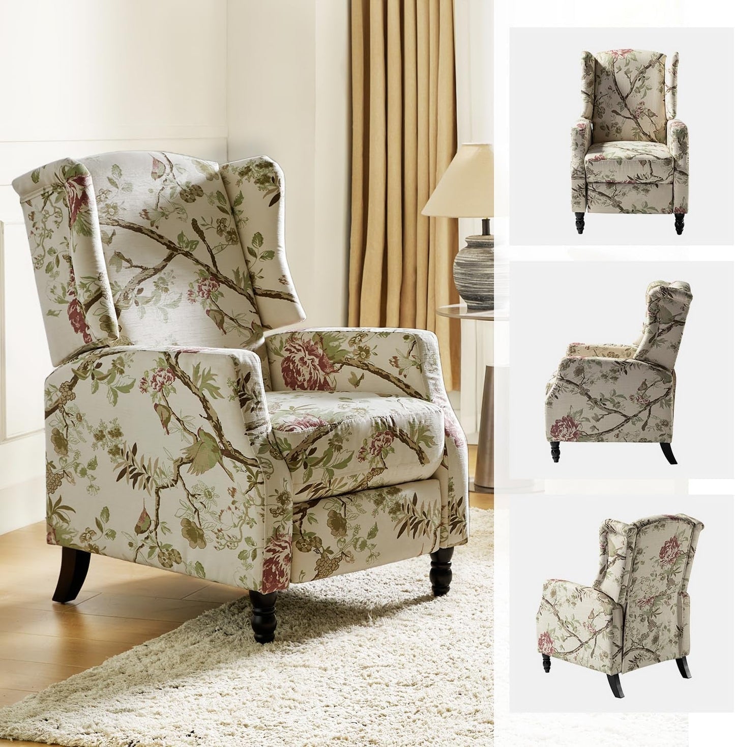Wingback Recliner Chair, Traditional Push Back Recliner Single Sofa Chair with Solid Wood Legs, Modern Lounge Armchair for Living Room, Comfy Upholstered Accent Reclining, Bird