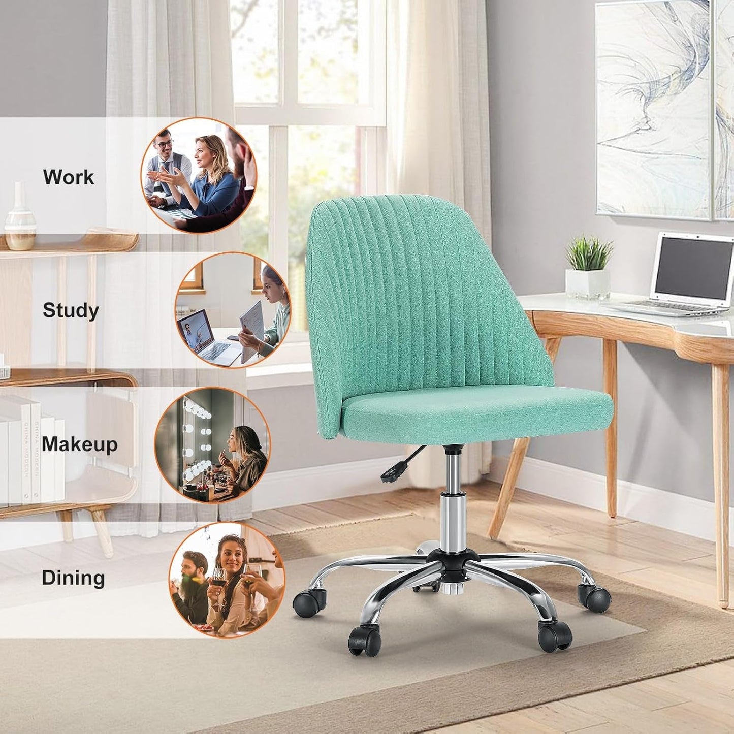 Office Chair - Armless Vanity Chair, Cute Comfy Home Office Desk Chair with Wheels, Modern Upholstered Task Computer Seat for Bedroom, Study, Makeup Vanity, Height Adjustable & Swivel, Mint
