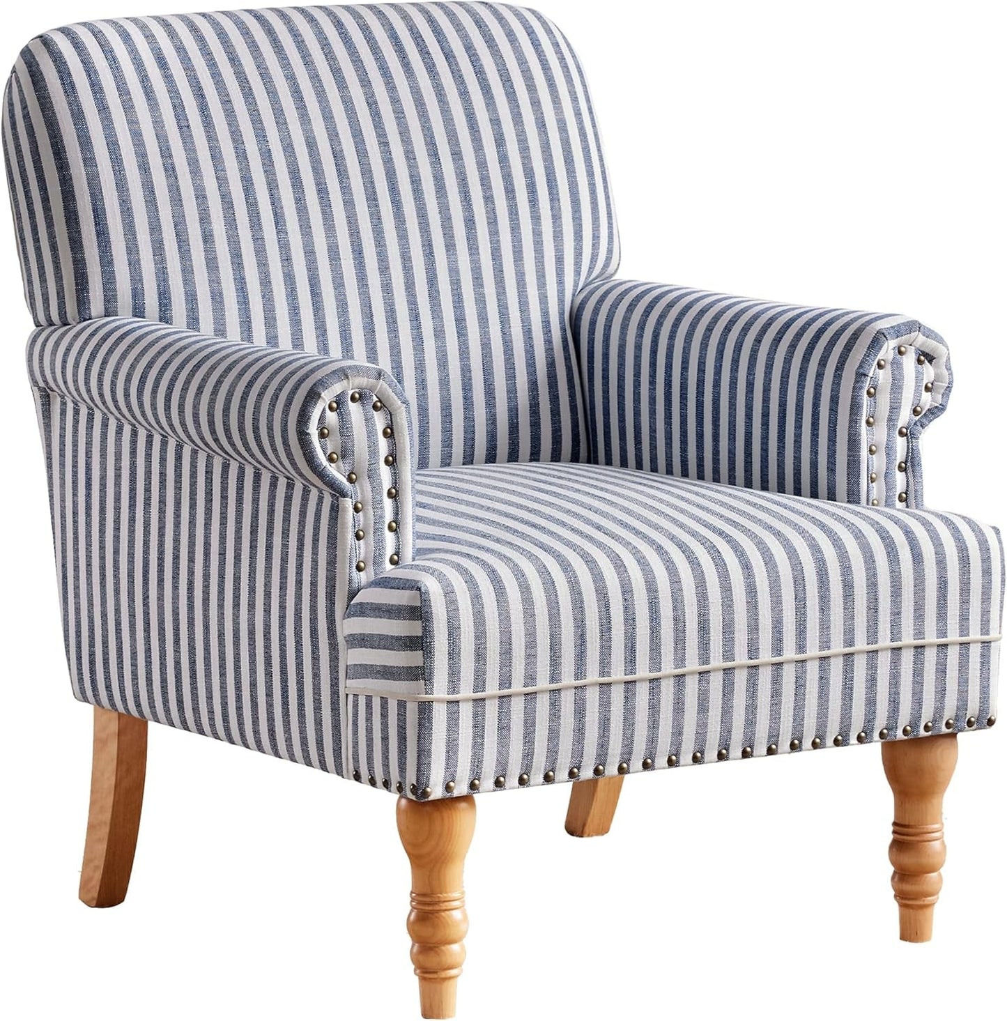 Linen Fabric Accent Chair, Mid-Century Modern Armchair with Solid Wood Legs, Single Sofa Chair,Upholstered Reading Club Chair (1, Dark Blue and White Stripe)