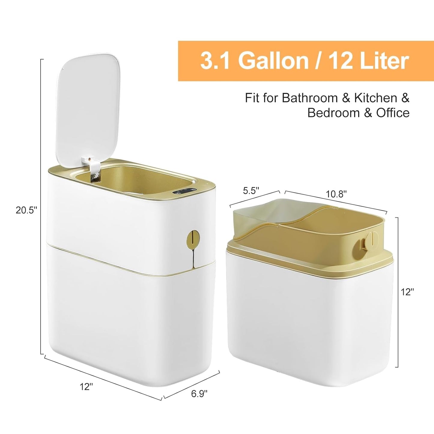 Touchless Bathroom Trash Can with Lid, 3 Gallon / 12L Slim Motion Sensor Garbage Bin, Automatic Waste Basket for Bedroom, Office & Narrow Spaces, White & Gold