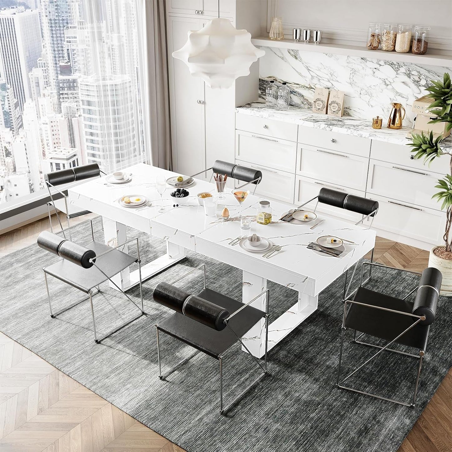 White Marble Extendable Dining Room Table for 8 10, 70.9" (86.6") X 31.5", Rectangle Dinner Table for 6-10, Modern Expandable Retractable Kitchen Table (White)