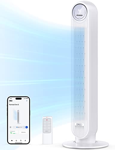 Dreo Tower Fan with Remote, Smart Oscillating Quiet Floor Fans for Bedroom, Standing Bladeless Fan with WiFi Voice Control, 4 Mo