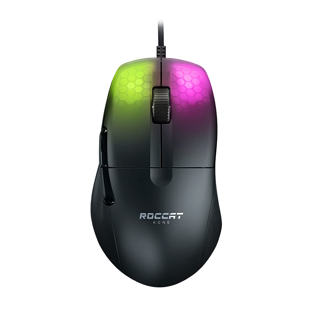 ROCCAT Kone Pro PC Gaming Mouse Lightweight Ergonomic Design Titan Switch Optical AIMO RGB Lighting Superlight Wired Computer Mouse Titan Scroll Wheel Honeycomb Shell 19K DPI Black-New