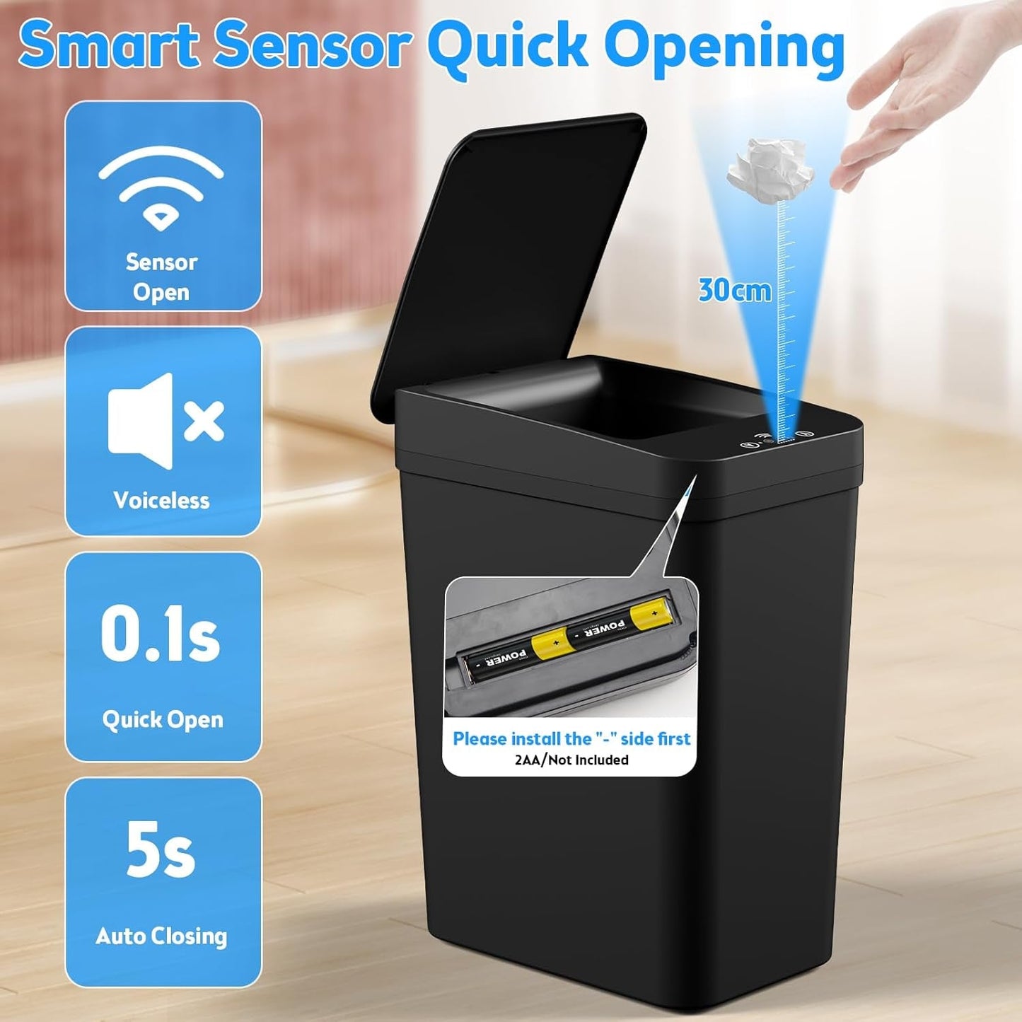Bathroom Trash Can with Lid, 2 Pack 2.2 Gallon Automatic Touchless Garbage Can, Small Motion Sensor Smart Trash Can, Slim Waterproof Trash Bin for Bedroom, Bathroom, Office, Living Room (Black)