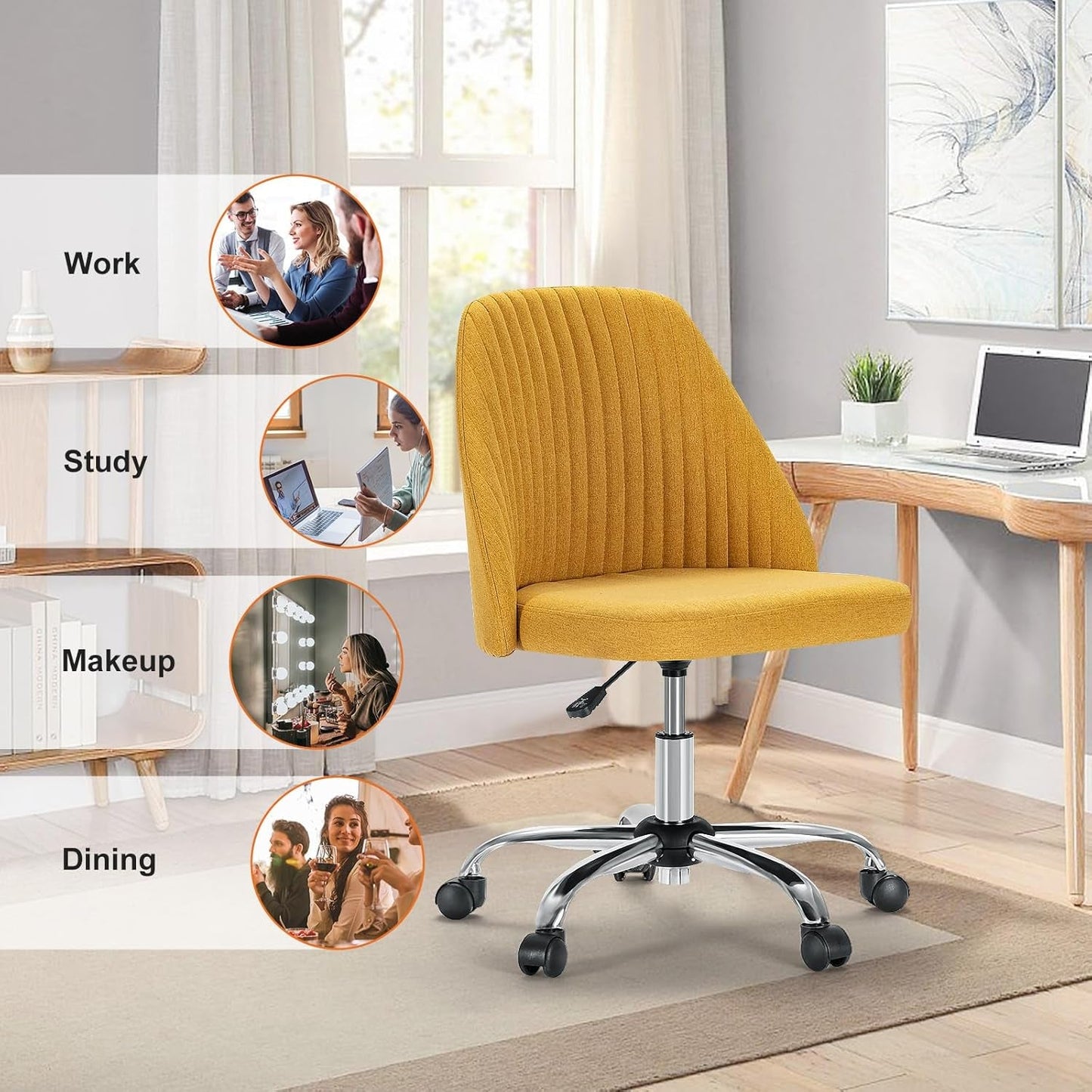 Armless Vanity Chair, Cute Comfy Home Office Desk Chair with Wheels, Modern Upholstered Task Computer Seat for Bedroom, Study, Makeup Vanity, Height Adjustable & Swivel, Yellow