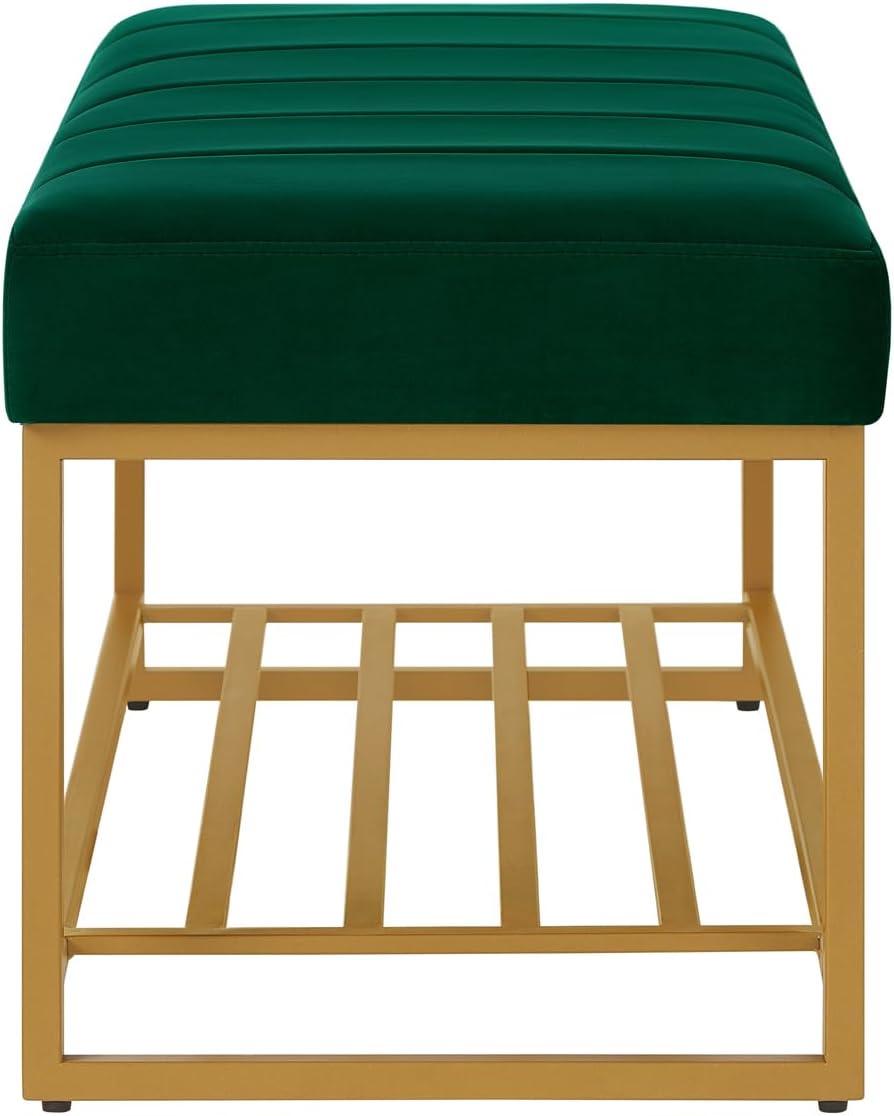 24KF Jade Velvet Upholstered End of Bed Bench with Metal Shelf, Modern Tufted Channel Entryway Bench Footboard Bench for Living Room, Bedroom, Gold Bench,5036-Jade