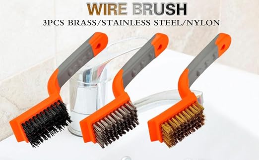 MAXMAN Wire Brush 3Pcs Brass/Stainless Steel/Nylon Wire Brushes for Cleaning Rust Bristle Brush Set with Rubber Curved Handle Grip Used for Dirt, Paint Remover (Orange+ Gray)