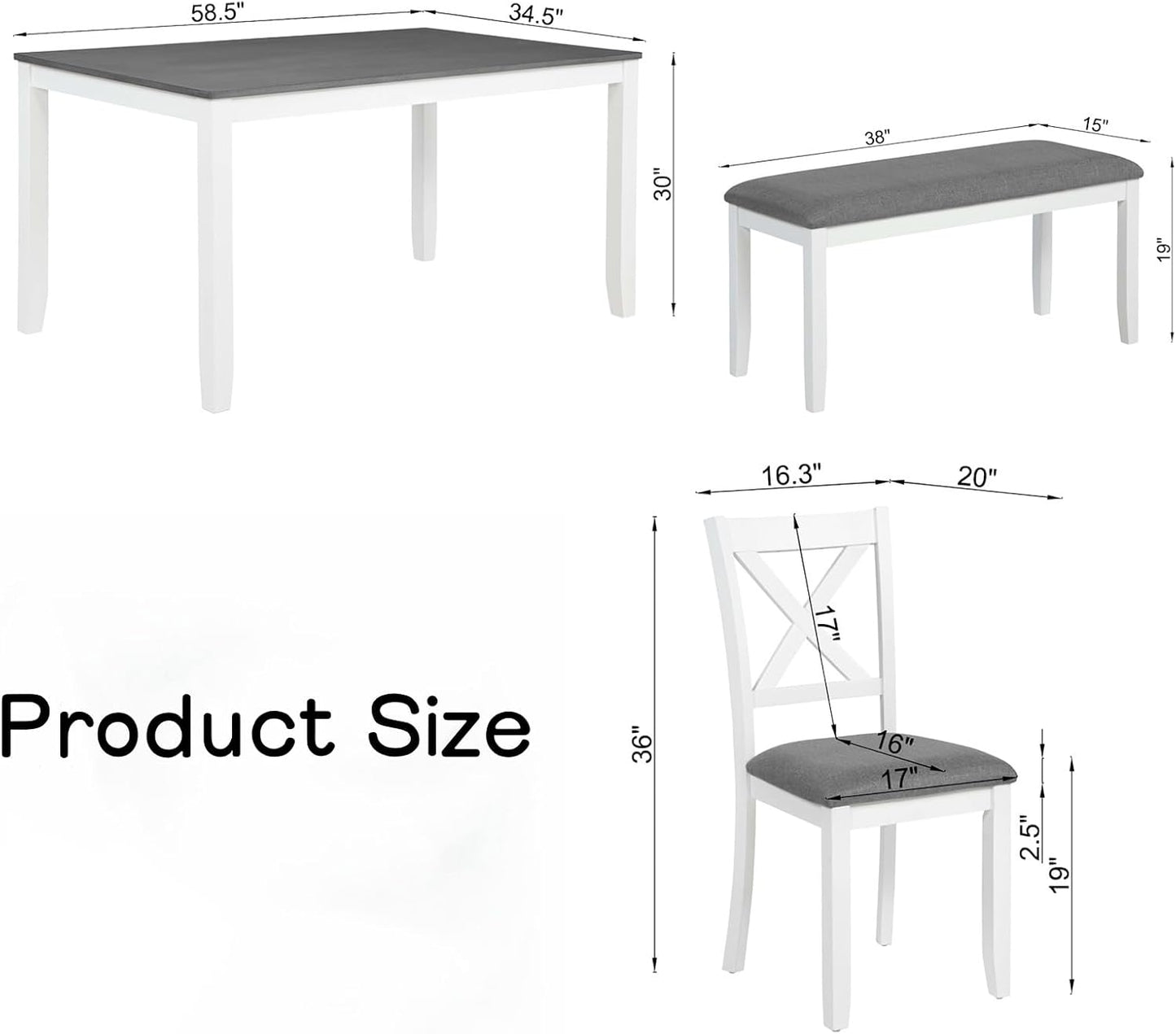 Dining Table Set for 5, 6-Piece Kitchen Table & Chairs Set with Rectangular Table, Bench & 4 Upholstered Chairs, 58.5'' Dinner Set with Wood Legs & X-Shaped Backrest for Kitchen, White&Gray