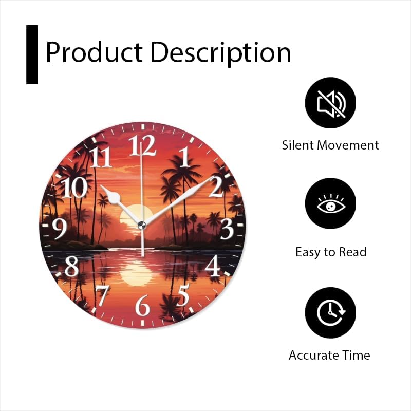 Sunset Wall Clock Non-Ticking Silent Clocks Battery Operated Analog Decor Clock for Home-Sunset with Palm Trees and Reflections On The Water(16inch)
