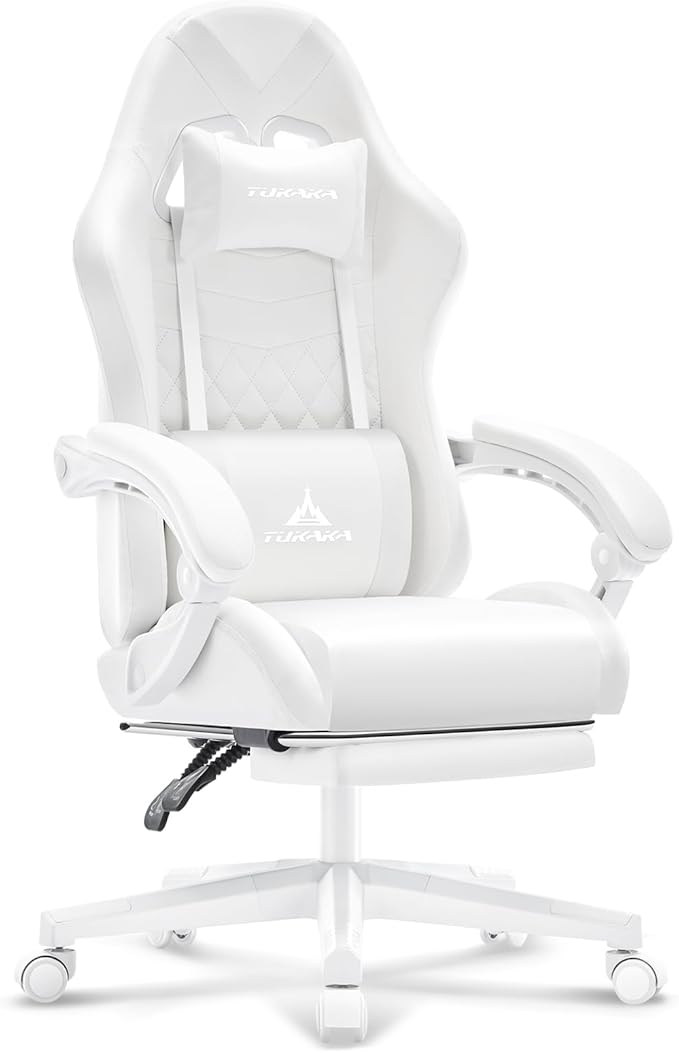 White Gaming Chair,Ergonomic Massage Computer Office Desk Chair with Footrest,Pocket Spring Cushion,Reclining Leather Adjustable Gamer Chair with Headrest and Lumbar Support,White