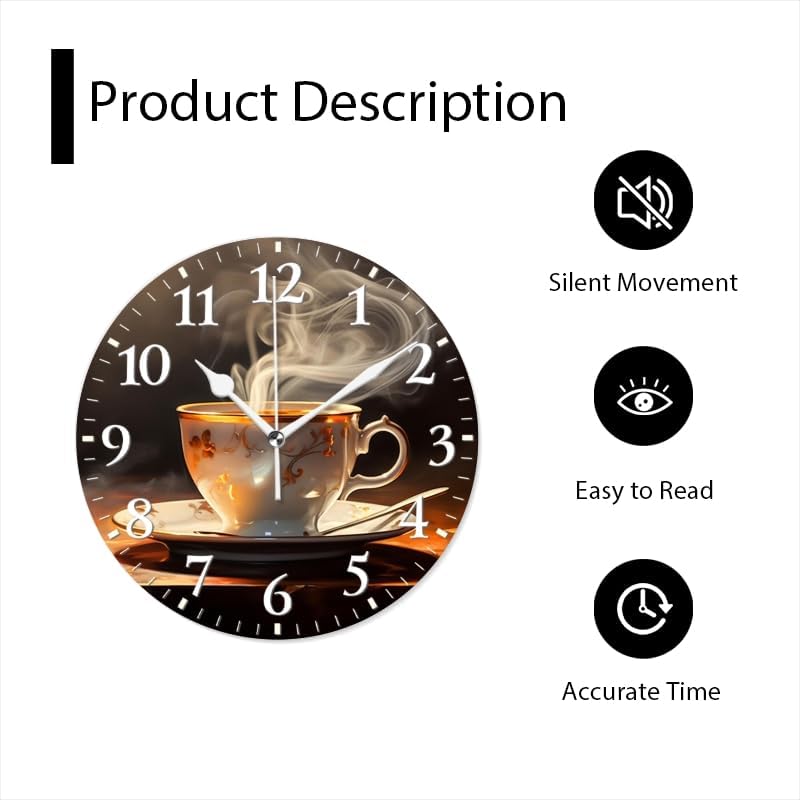 Coffee Wall Clock Non-Ticking Silent Clocks Battery Operated Analog Decor Clock for Home-Steaming Cup of Coffee On The Table(12inch)