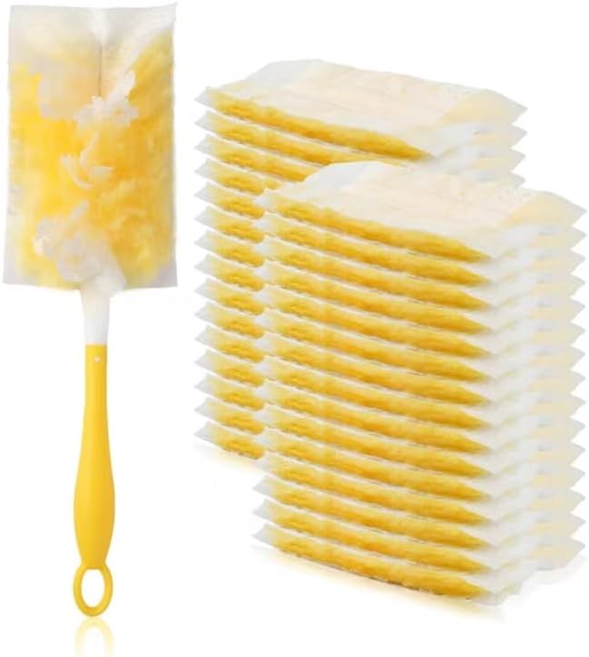 Duster Refills Bulk Compatible with Swiffer Dusters Swiffer Microfibre dust Cleaner for Cleaning Home, Office, Furniture (Yellow, 30 PCS (180°)+ Handle)