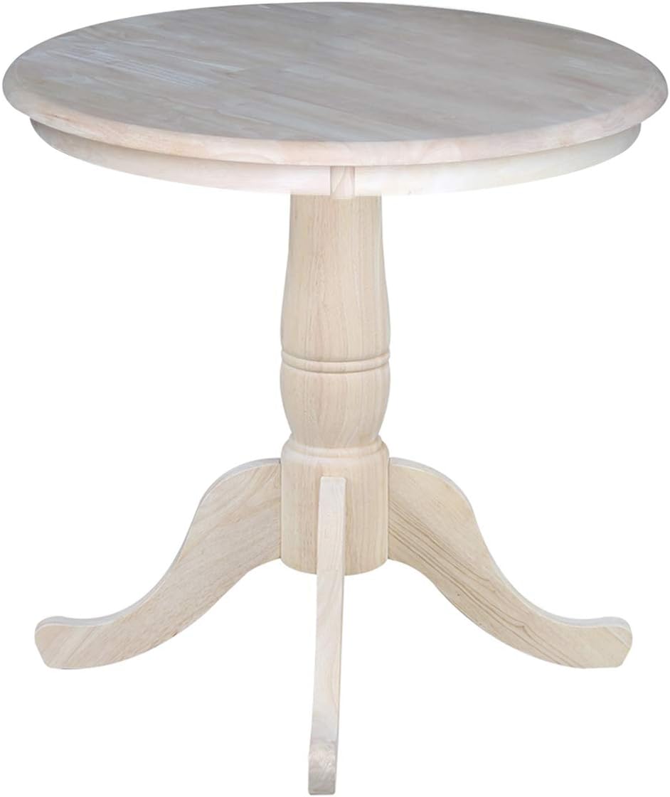 International Concepts 30" Round Top Pedestal Dining Table Solid Real Wood, Sturdy Parawood, Dimensions 30" D x 30" W x 28.8" H, Paint/Stain Ready, Unfinished