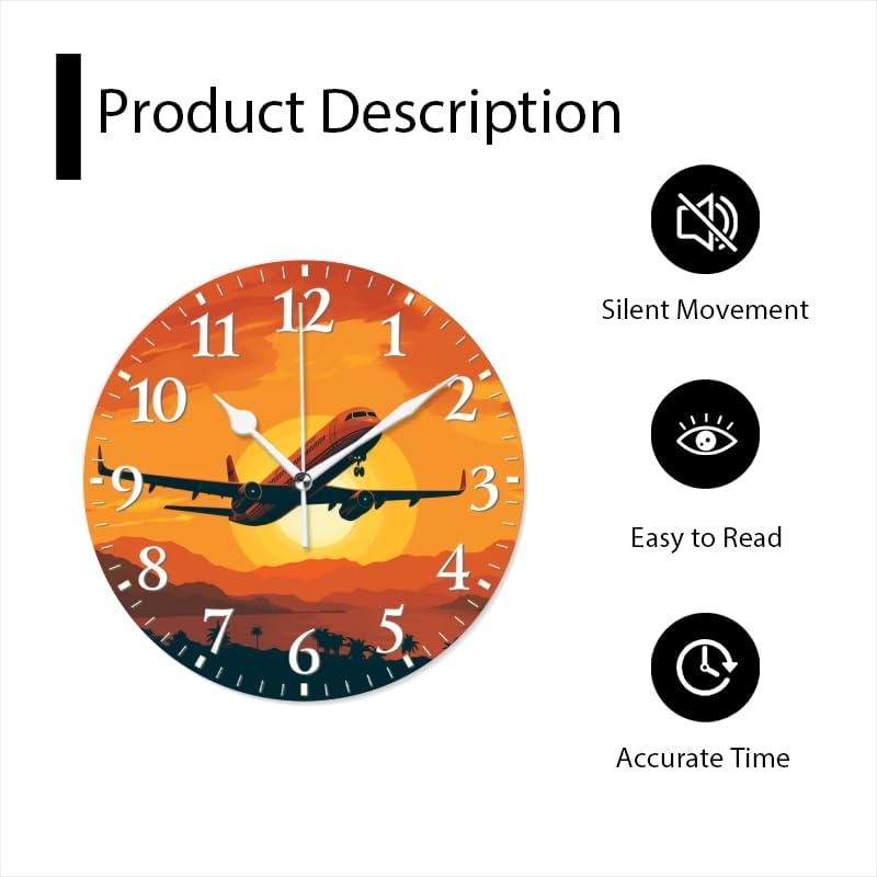 Sunset Wall Clock Non-Ticking Silent Clocks Battery Operated Analog Decor Clock for Home-Illustration of Airplane Flying Over The Sunset(16inch)