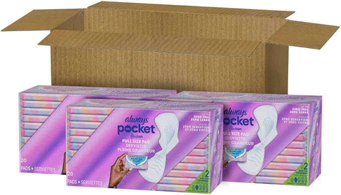 Always Pocket Feminine Pads with FlexFoam, Size 2, Heavy Flow, with Wings, Unscented, 60 Count (3 Packs of 20)