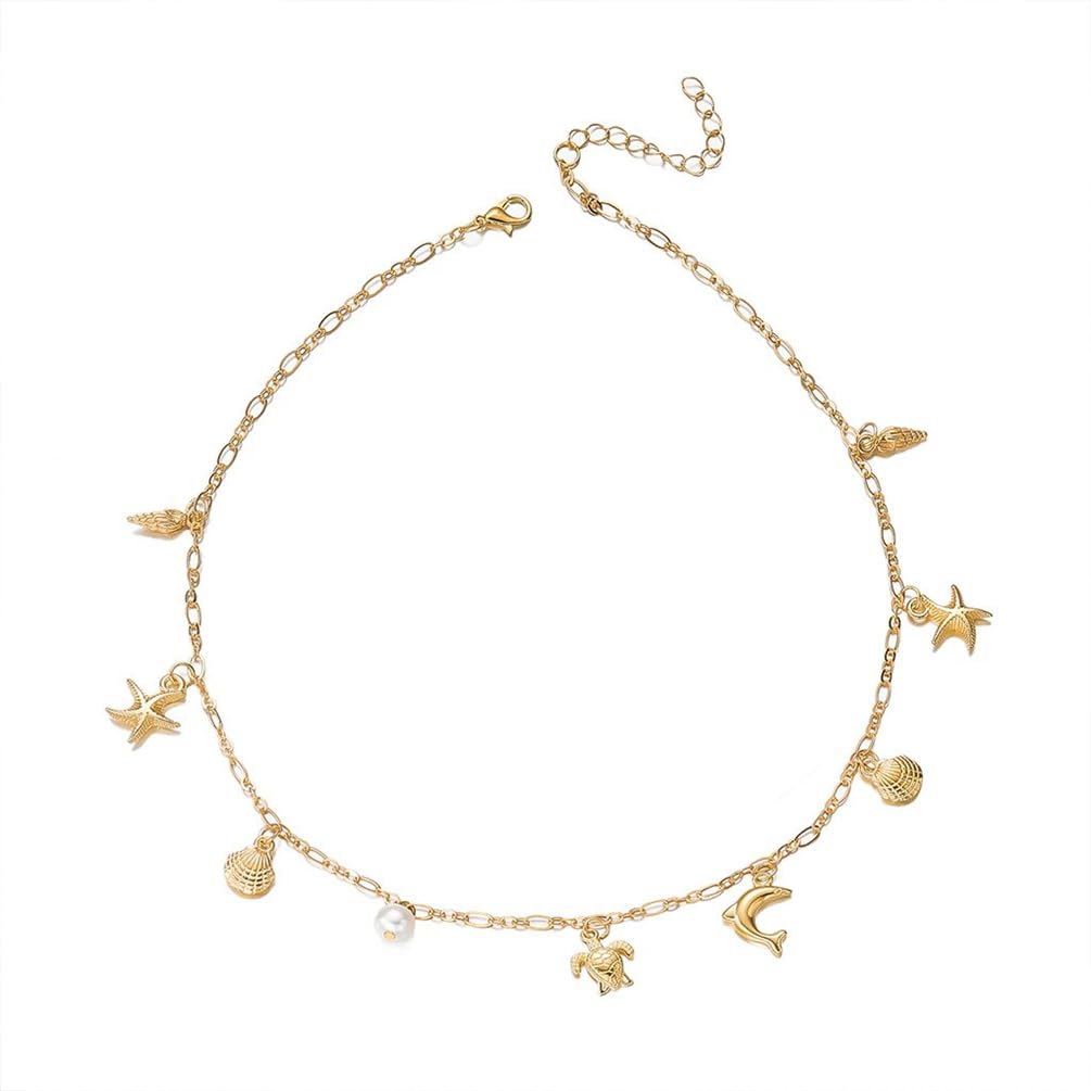 Gold Shell Conch Star Pearl Pendant Necklace, Delicate Starfish Fish Shells Beach Necklaces for Women Trendy Beachy Hawaii Holiday Party Jewelry Gift (Gold)