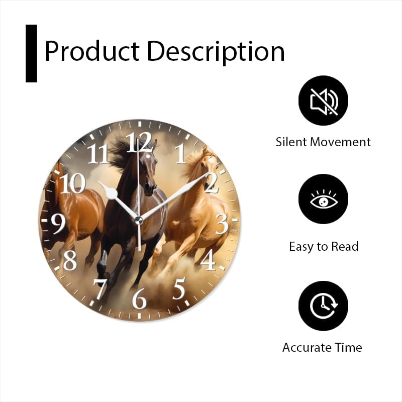 Horses Wall Clock Non-Ticking Silent Clocks Battery Operated Analog Decor Clock for Home-Three Horses Run Through The Desert(16inch)