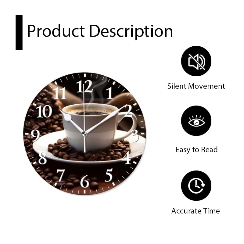 Coffee Wall Clock Non-Ticking Silent Clocks Battery Operated Analog Decor Clock for Home-Cup of Steaming Coffee Surrounded by Scattered Coffee Beans(10inch)