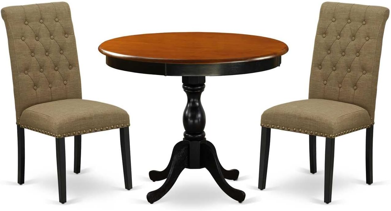 East West Furniture AMBA3-BCH-05 3 Piece Kitchen Table Set for Small Spaces Contains a Round Dining Table with Pedestal and 2 Grey Linen Fabric Parson Chairs, 36x36 Inch, Black & Cherry
