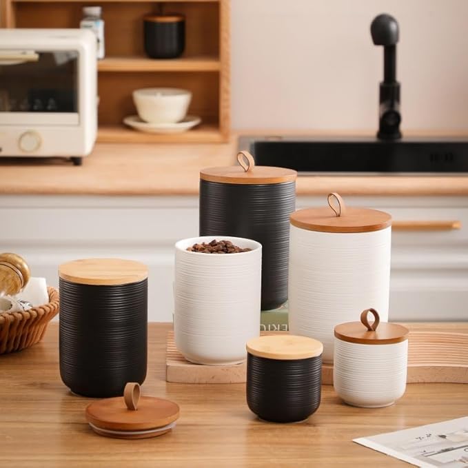 Food Storage Jar Strong Ceramic Storage Canisters with Airtight Wooden Lid,Kitchen Storage Containers for Serving Coffee Beans, Tea, Sugar, Salt, Spices (Big black 44 oz)