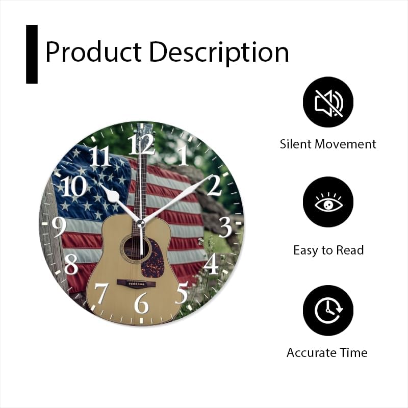 Guitar Wall Clock Non-Ticking Silent Clocks Battery Operated Analog Decor Clock for Home-Guitars Sitting On Fence with American Flag(10inch)