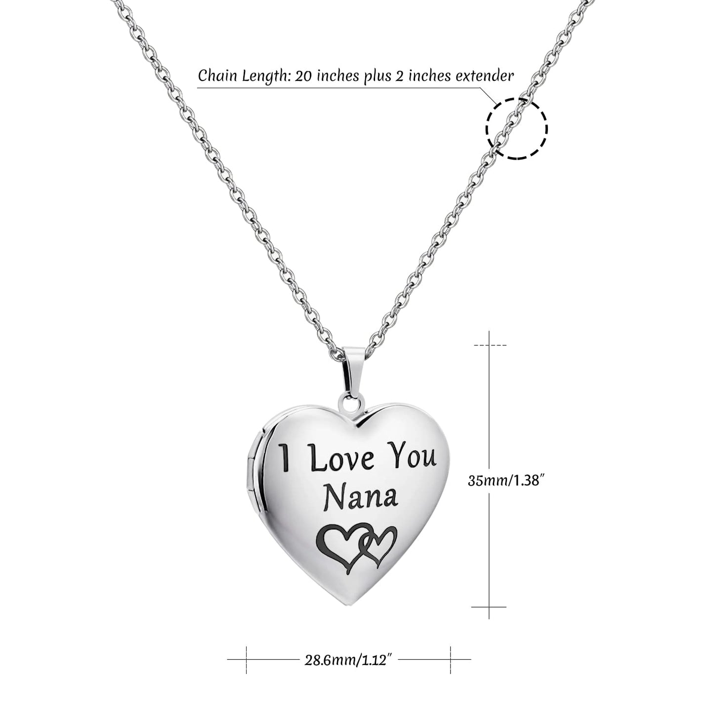 PHOCKSIN I Love You Nana Personalized Silver Heart Locket Necklace with Custom Text & Symbols Customized Photo Lockets Necklace that Hold Pictures for Women