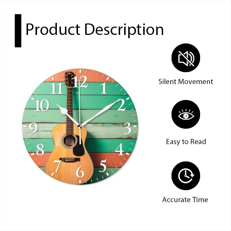 Guitar Wall Clock Non-Ticking Silent Clocks Battery Operated Analog Decor Clock for Home-Acoustic Guitar Leaning Against Wooden Wall(16inch)