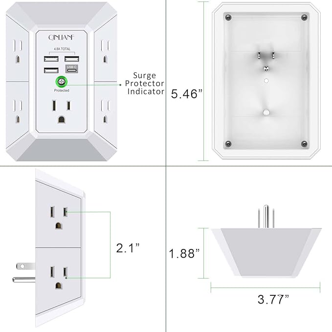 Wall Charger, Surge Protector, QINLIANF 5 Outlet Extender with 4 USB Charging Ports (4.8A Total) 3-Sided 1680J Power Strip Multi Plug Adapter Spaced for Home Travel Office (3U1C)