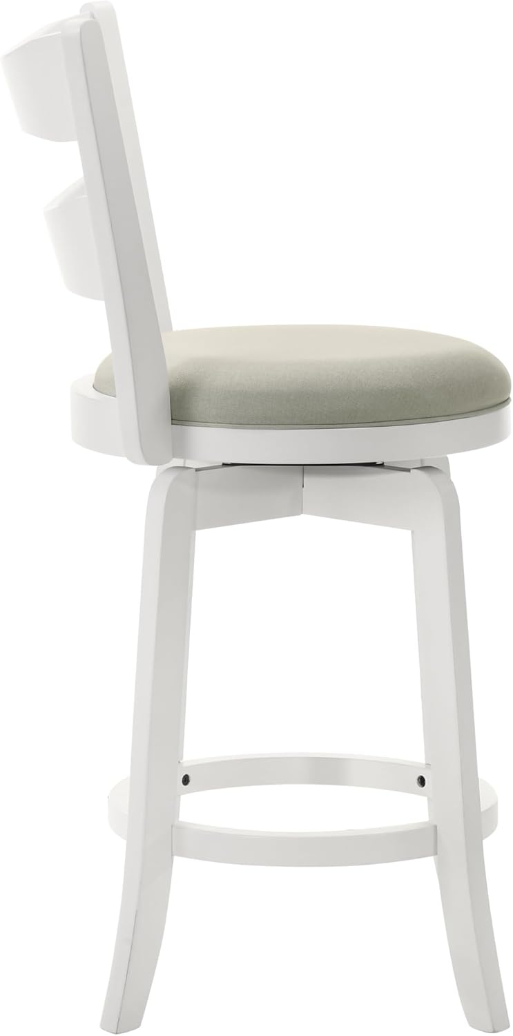 Armen Living Blair 30 in. Matte White Bar Height Rubberwood Swivel Barstool with Fog Fabric Seat