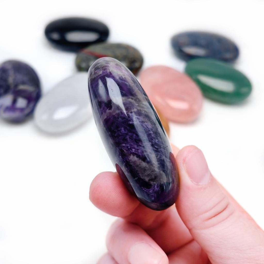 BEAUSIOO 2.4" Amethyst Palm Stone for Anxiety Relief, Healing Crystal for Meditation & Stress Relief, Polished Pocket Stone with Gift Box