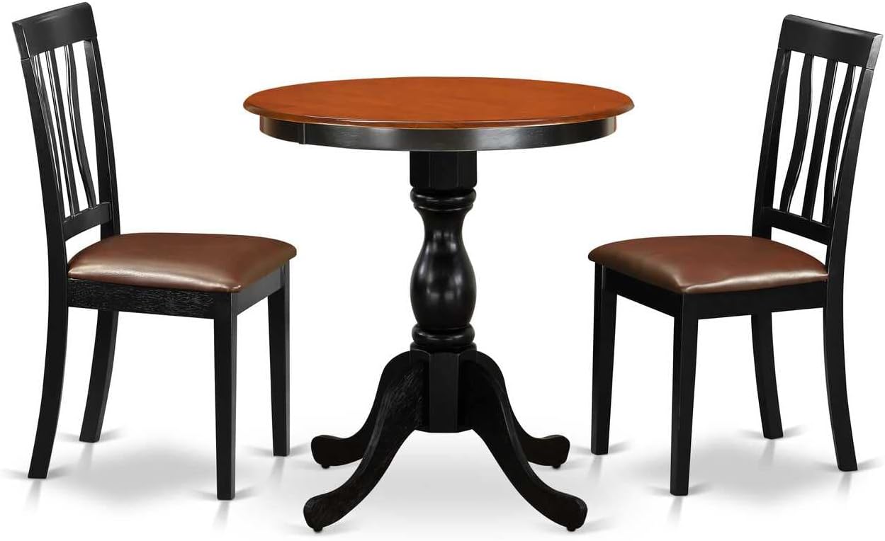 East West Furniture ESAN3-BCH-LC 3 Piece Kitchen Table & Chairs Set Contains a Round Dining Room Table with Pedestal and 2 Faux Leather Upholstered Dining Chairs, 30x30 Inch, Black & Cherry