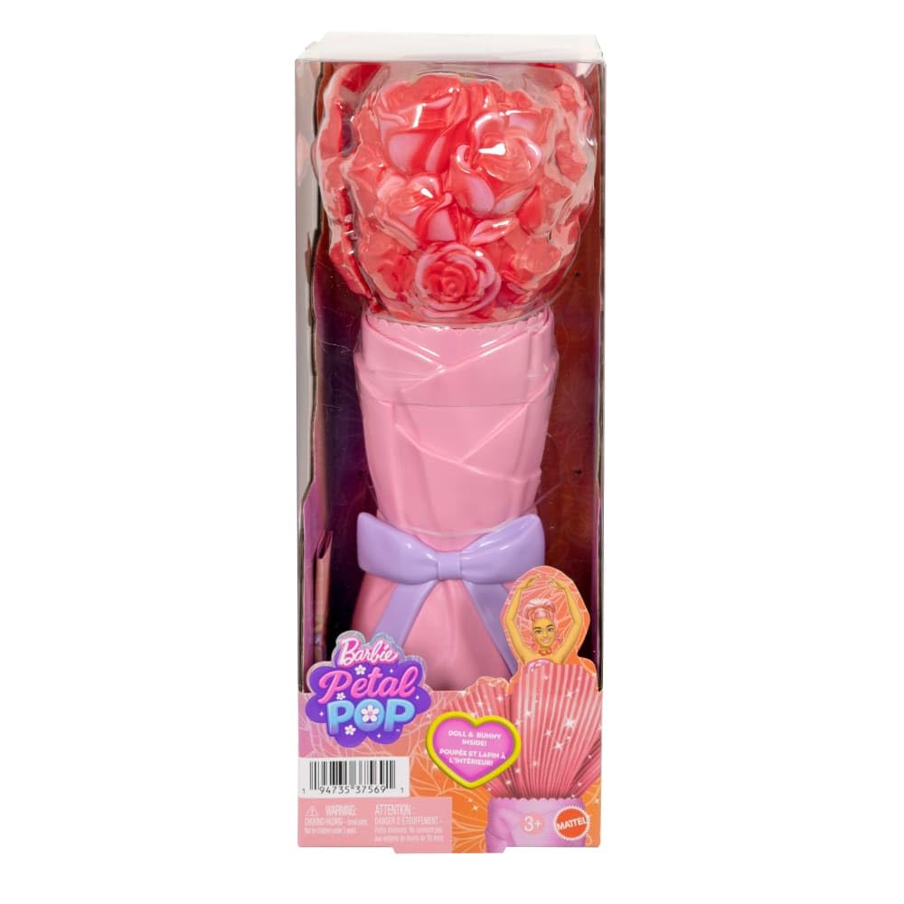 Barbie Petal Pop Scented Doll with Rose Dress & Accessories, Bouquet Reveal with Pet Bunny & Surprises Like Watering Can, Necklace & Earrings