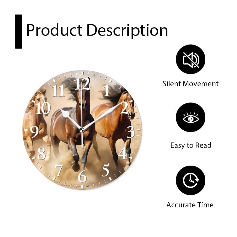 Horses Wall Clock Non-Ticking Silent Clocks Battery Operated Analog Decor Clock for Home-Horses Running Through The Desert Dust Flying(12inch)