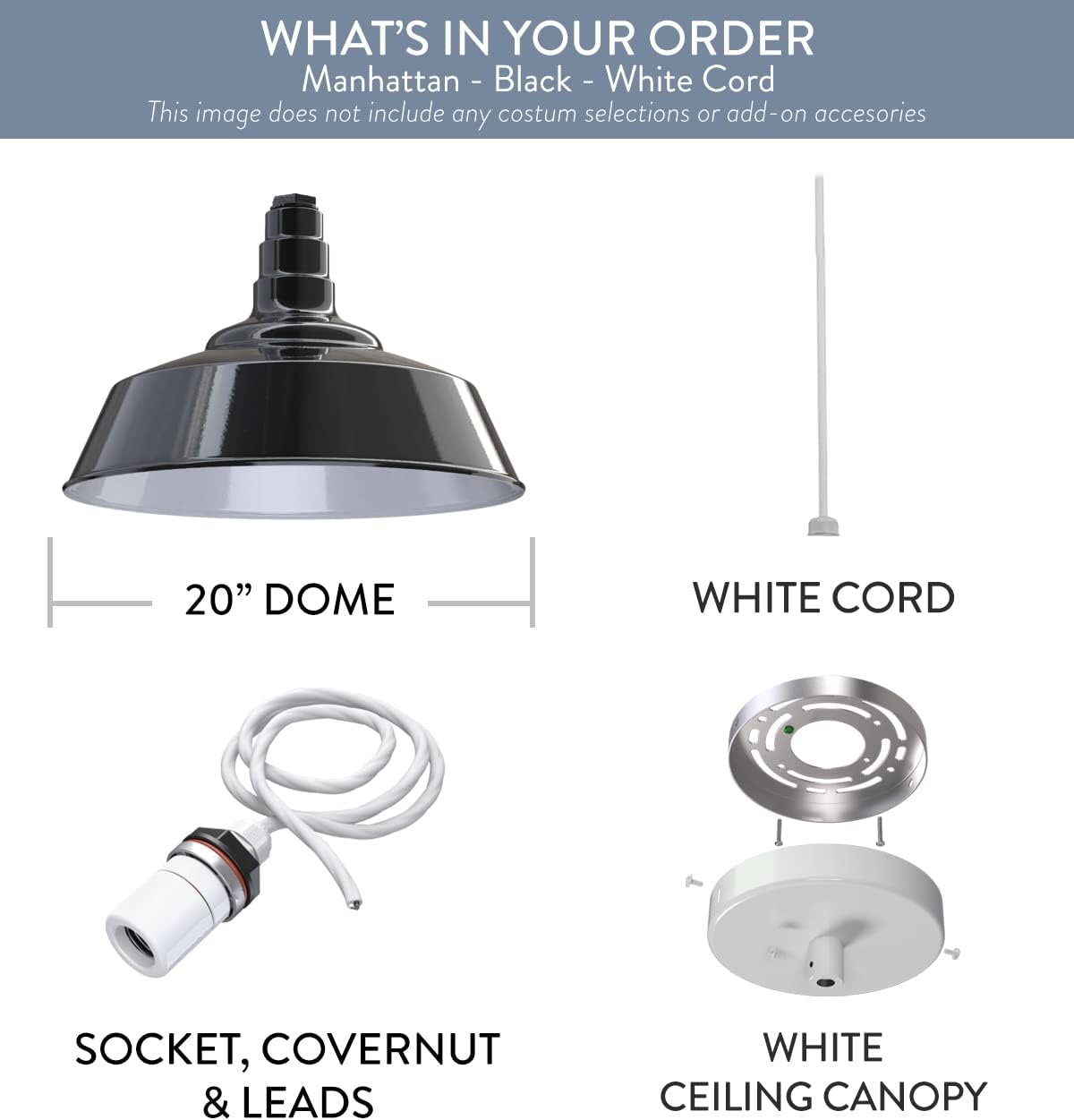 Steel Lighting Co. Manhattan Warehouse Light | Ceiling Mounted Pendant | 20 inch Dome | White Cord | Large Steel Barn Light Made in America | Black Exterior/White Interior