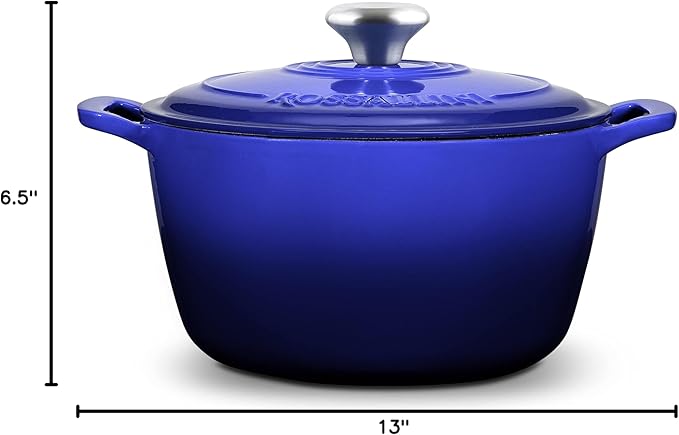 Signature Enameled Cast Iron Dutch Oven, Non-Stick Serving Pot with Tight Fitting Lid for Perfect Roasting, Baking, Sauteing, and Bread Making | 13.5Q (12.7L) - Indigo Blue