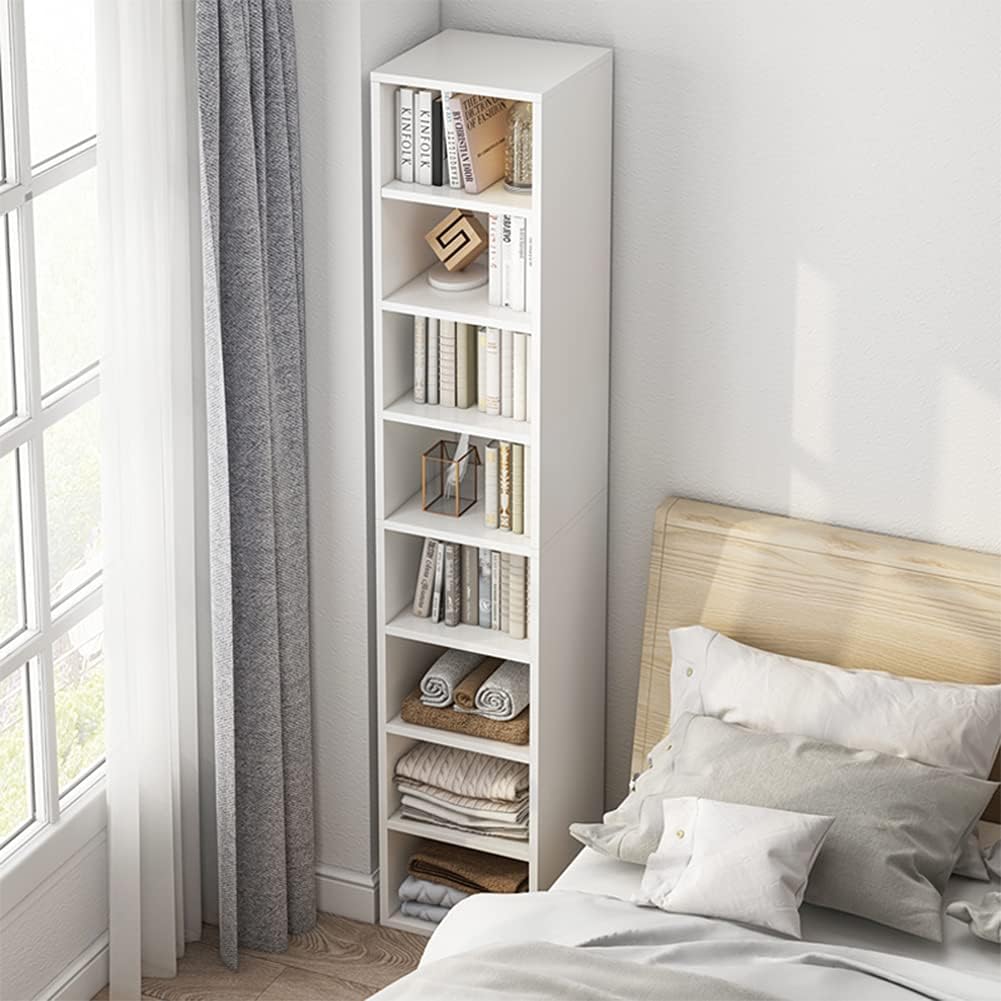IOTXY Small Narrow Corner Bookcase - 47 Inches Tall Gap Freestanding Storage Cabinet, 4 Lattices Open Shelves Tower Rack with Door, Cubes Bookshelf in White