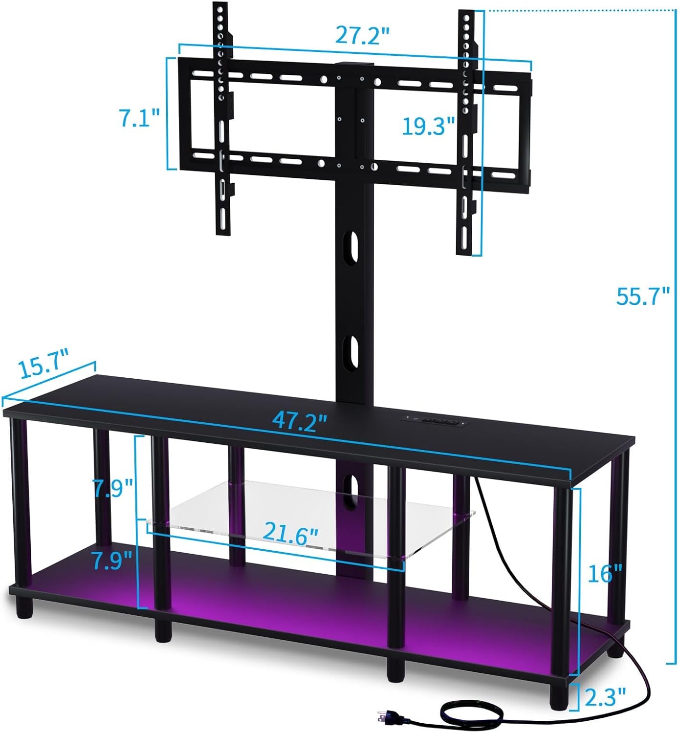 TV Stand with Mount and Led Light,Black TV Stand with Power Outlets for 32/40/43/50/55/60/65/70 Inch TV,Entertainment Center with Open Storage Shelf for Bedroom/Living Room/Office