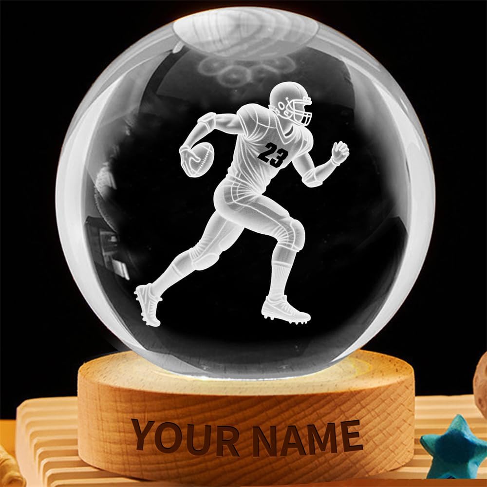 Personalized Football Crystal Night Light Gift for Men Women, Custom Name/Number Football Player 3D Crystal Ball Night Light Lamp for Bedroom Room Sports Decor Party Bar Christmas Birthday Gift