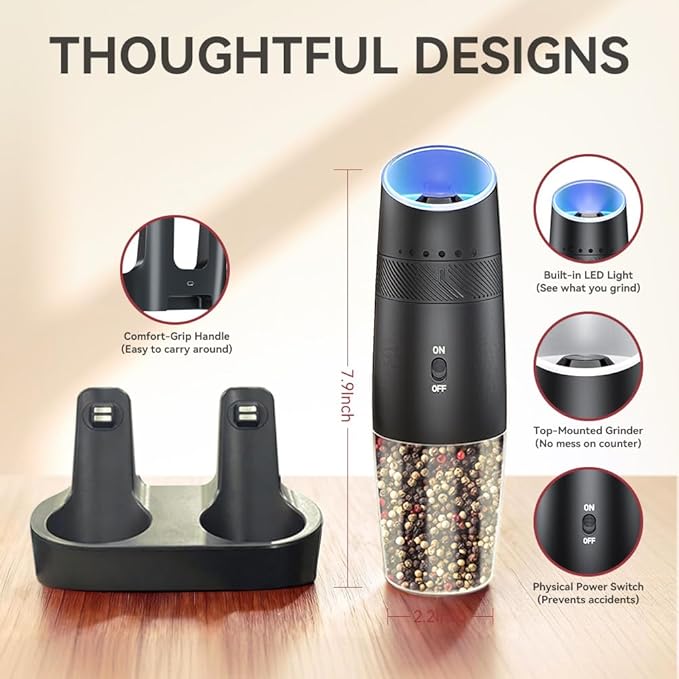 Gravity Electric Salt and Pepper Grinder Set Automatic Shakers Upgraded Pepper Mill with Rechargeable Base, External Adjustable Coarseness, LED Light, Easy Refill for Kitchen & Outdoor, Gift Giving