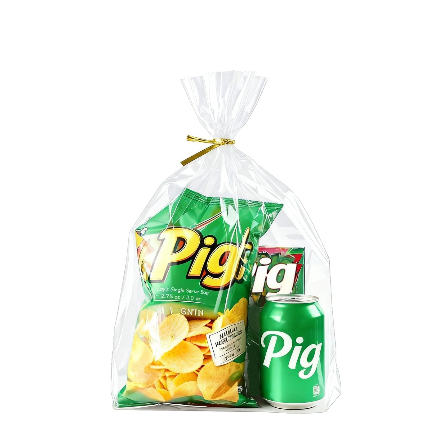 PigPotParty Cellophane Bags 10x14 Inch, 100 Pack Clear Plastic Gift Bags with Bottom Gusset for Stand-Up Display, Medium Cello Wrap for Large Goodies, Treats, Party Favors, Mugs, Includes 100 Ties