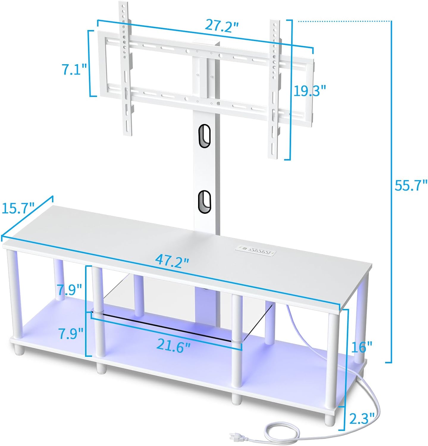 TV Stand with Mount and Led Light,White TV Stand with Power Outlets for 32/40/43/50/55/60/65/70 Inch TV,Entertainment Center with Open Storage Shelf for Bedroom/Living Room/Office