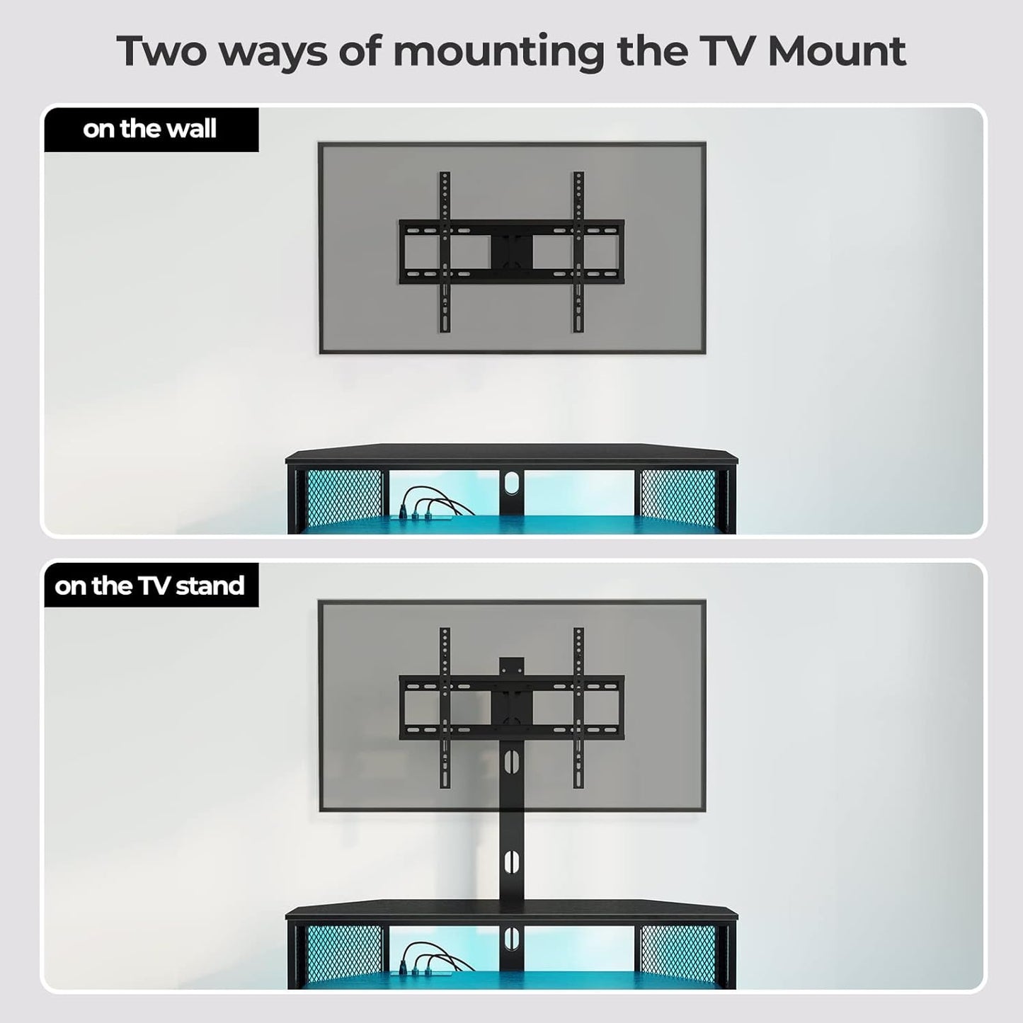 Rolanstar TV Stand with Mount and Power Outlet, Swivel TV Stand with LED Lights for 32/45/55/60/65/70 inch TVs, Black Entertainment Center Media Console with Height Adjustable Mount