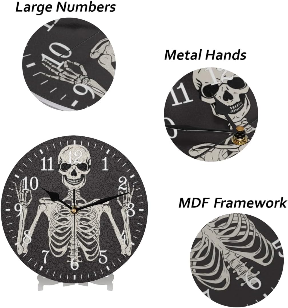 Wall Clock Without Ticking Sound - 25cm Silent Round Clocks Battery Operated Modern Decorative Style Easy to Read for Living Room/Kitchen/Bedrooms/Office/Home Decor/Hallway (Skull)