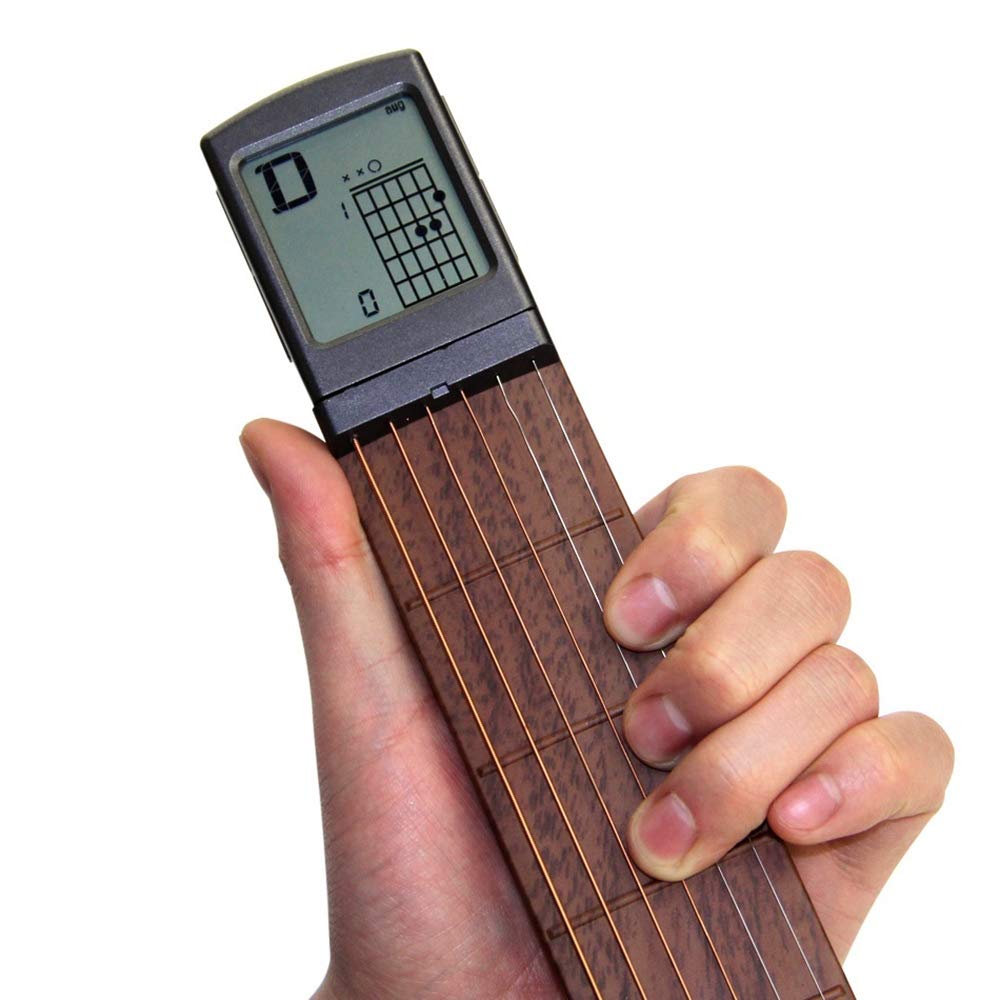 Pocket Guitar Chord Practice Tool, Portable Guitar Neck for Trainer Beginner w/a Rotatable Chords Chart Screen Battery Included