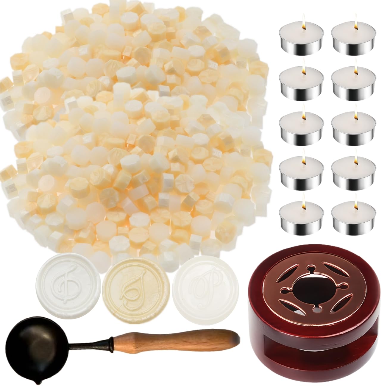 Wax Seal Kit with Warmer, ONWINPOR 300pcs Sealing Wax Beads in 3 Colors, Non-Slip Spoon, Candles for Envelopes, Stamp Letter Seal,Wedding Invitations (Pearl White Mix)