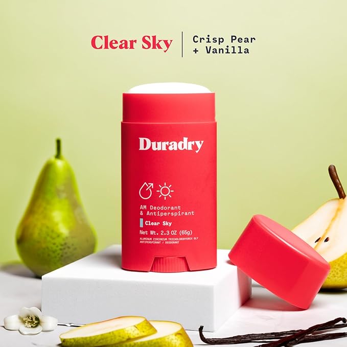 Duradry Clinical-Strength Antiperspirant for Women and Men – Clean formula with natural ingredients for armpit odor and excessive sweat protection –Clear Sky (Crisp Pear + Vanilla), 3-Pack.