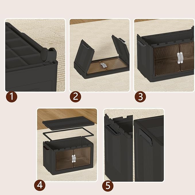 Stackable Storage Bins with Lid & Drawers, Large Foldable Collapsible Storage Containers Bin with Doors & Wheels, Folding Plastic Storage Boxes for Home, Pantry, Office (S, Gray 4-Tier)