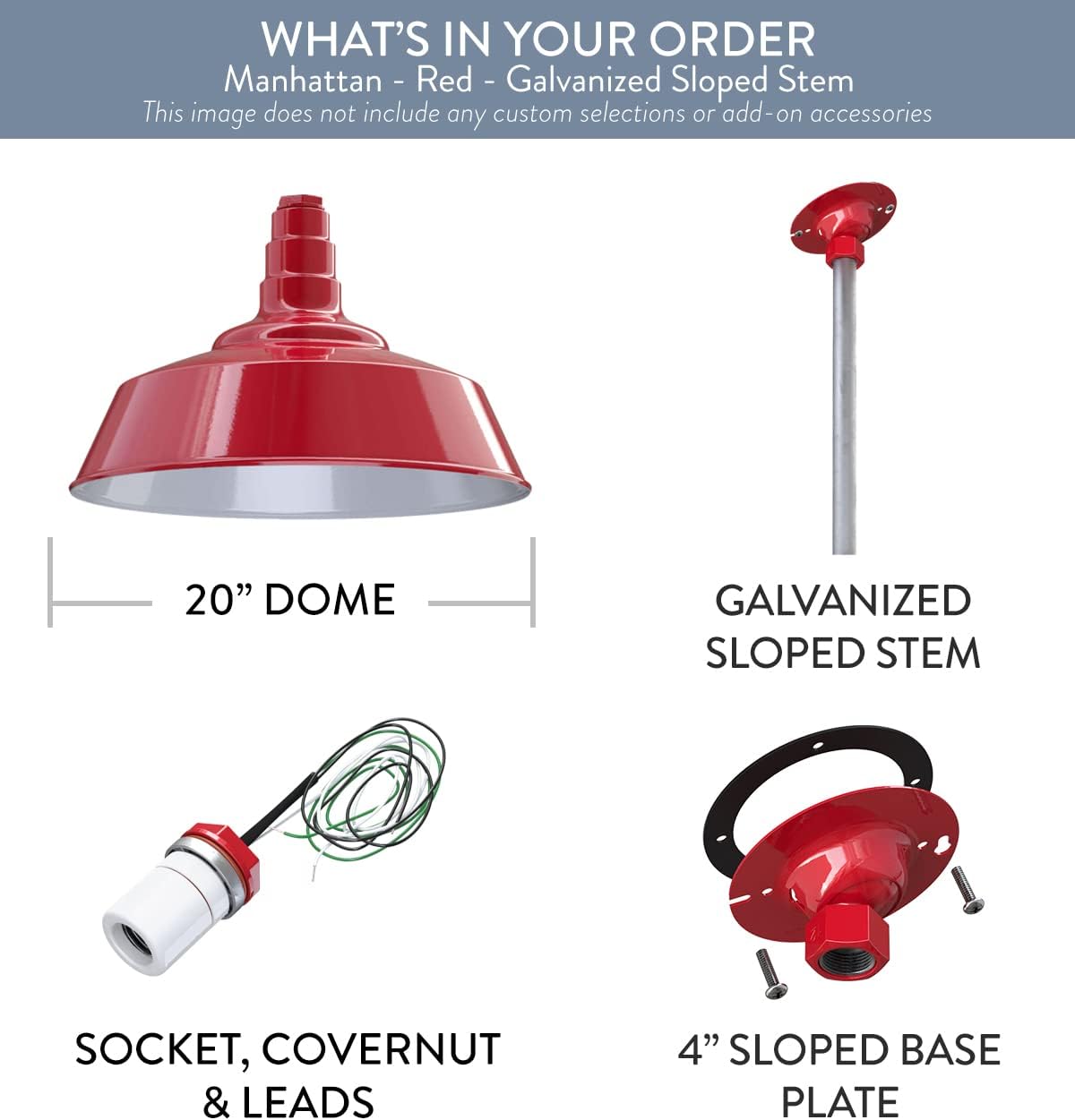 Steel Lighting Co. Manhattan Warehouse Light | Ceiling Mounted Pendant | 20 inch Dome | 12 inch Sloped Stem | Large Steel Barn Light Made in America | Red Exterior/White Interior